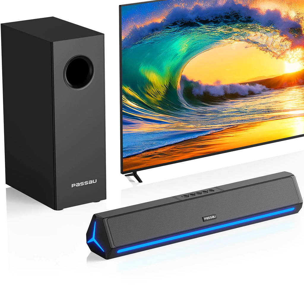 Passau Sound Bar for Smart TV with Subwoofer 2.1ch Monitor Speakers Small Soundbar Deep Bass PC Gaming Monitor Sound Bars Bluetooth/AUX/HDMI(ARC) Connection-16 Inch